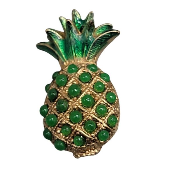 Ciner Rare Pineapple Brooch Green Cabachons 18k Gold Plated Book Piece Vintage - Picture 3 of 10